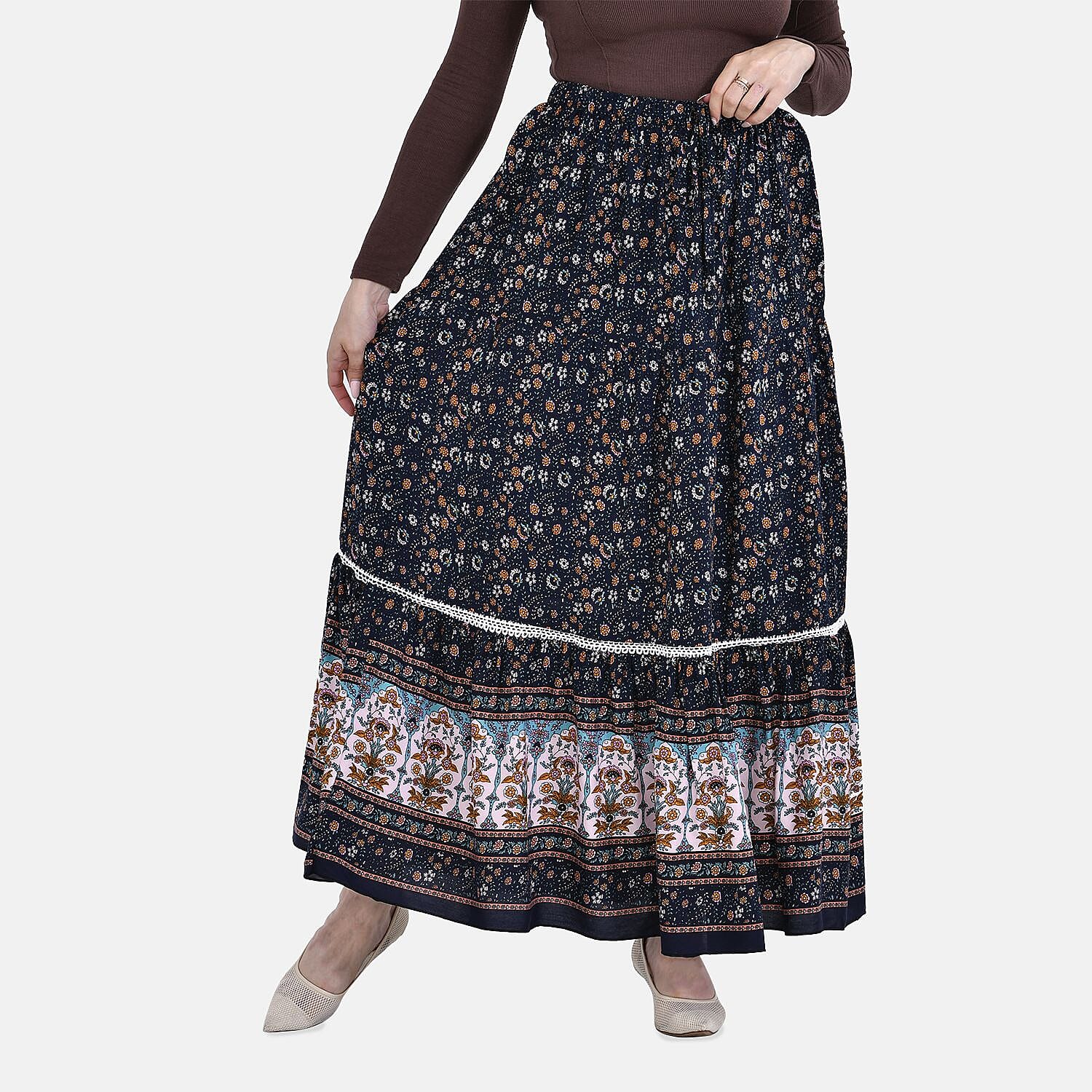 La Marey 100% Viscose Floral Skirt (Size Curve 20 to 26) - Navy Blue & Black