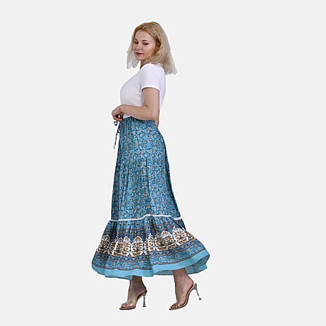 La marey 100% Viscose Floral Print Maxi Skirt (Curve Size) - Green