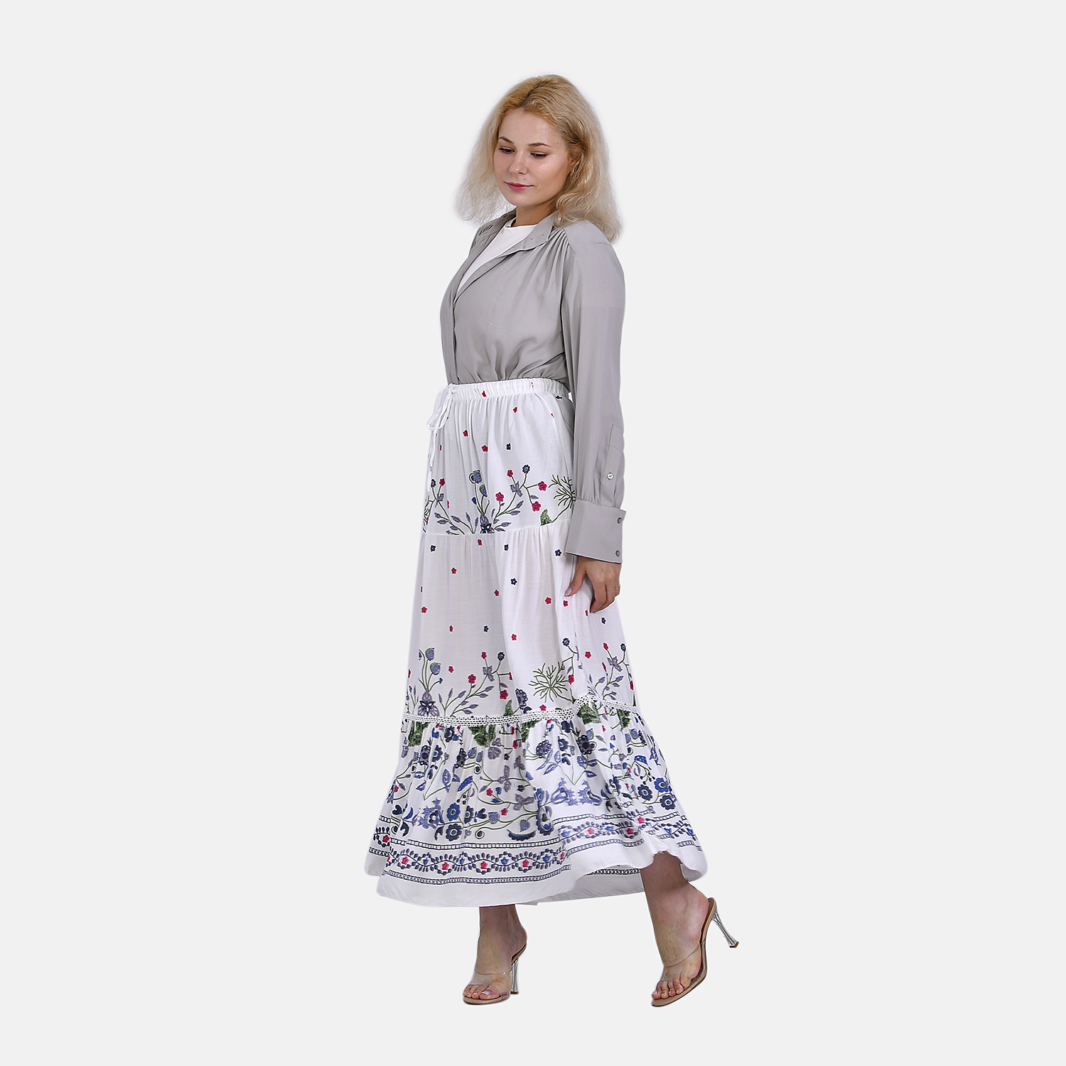 La marey 100% Viscose Floral Print Maxi Skirt (One Size) - White