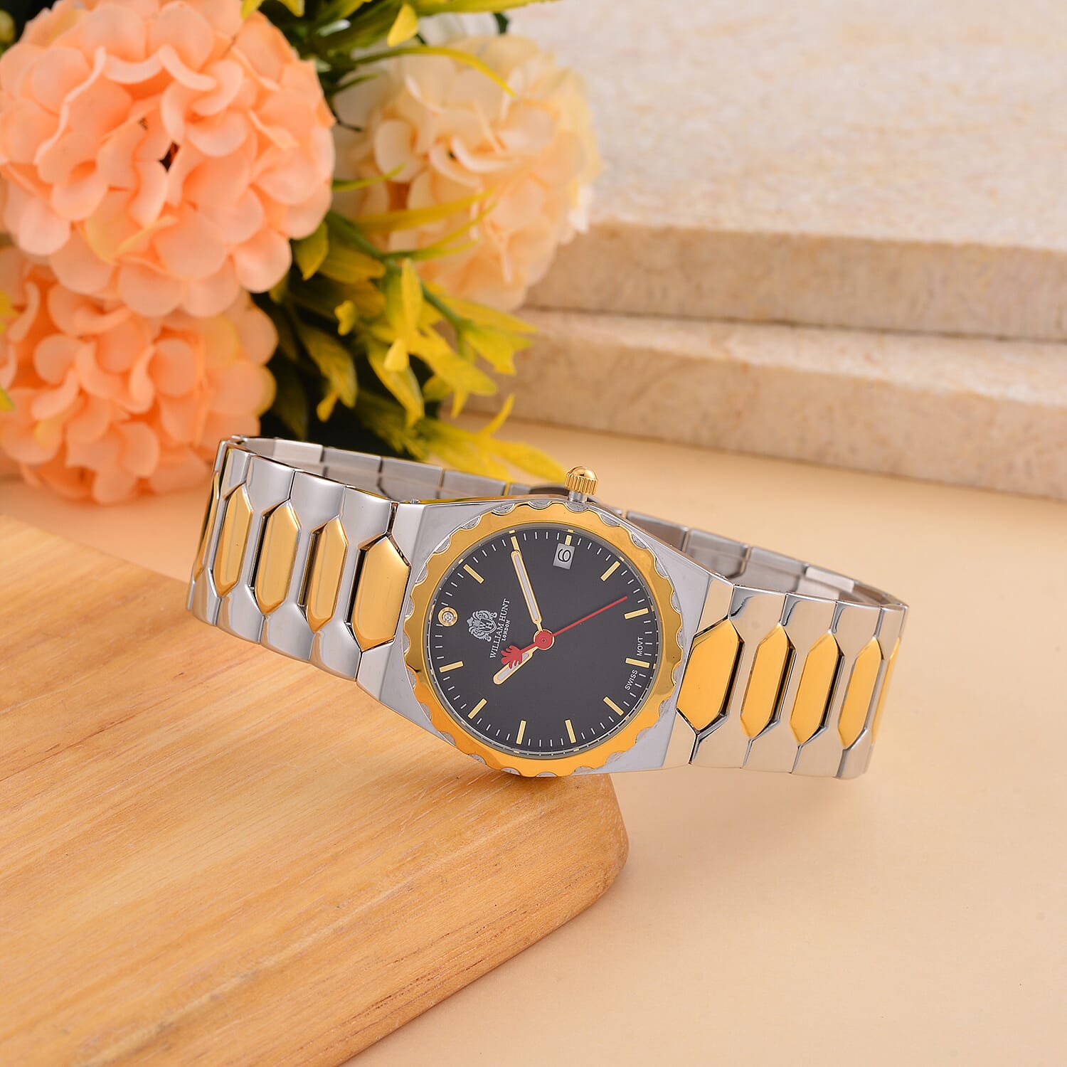 William Hunt Swiss Movement Diamond Studded Ladies Watch with Black Dial and Two Tone