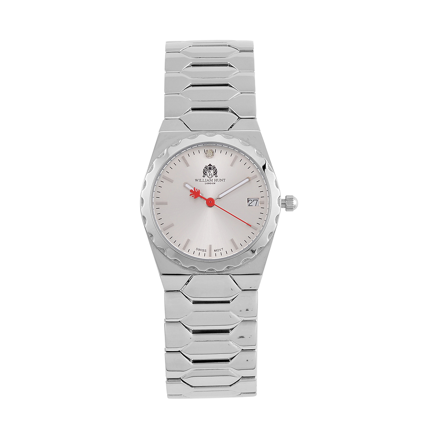 William Hunt Ronda 505 Grey Dial with Date Water Resistant Watch with Stainless Steel Strap in Silver Tone