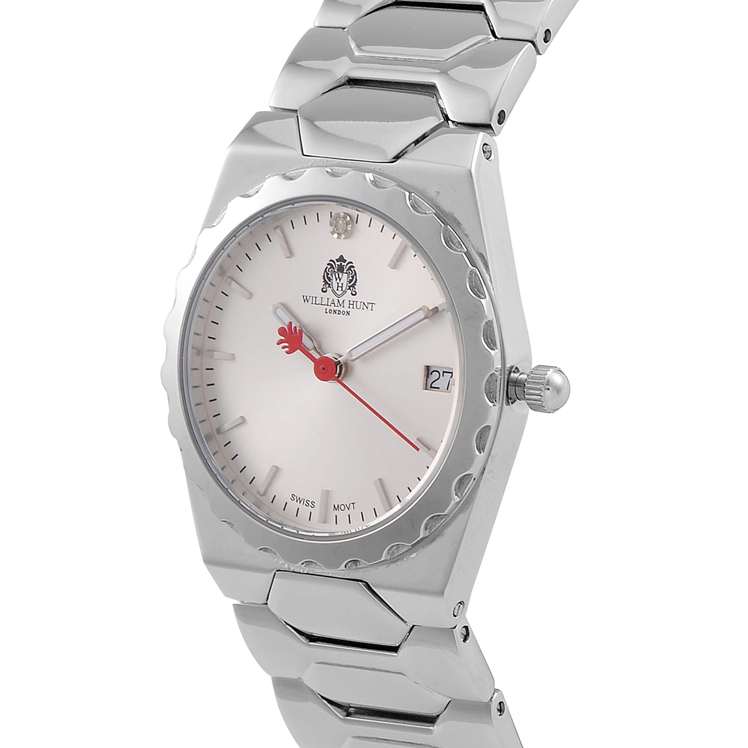 William Hunt Swiss Movement Diamond Studded Ladies Watch with White Dial and Silver and Silver Tone