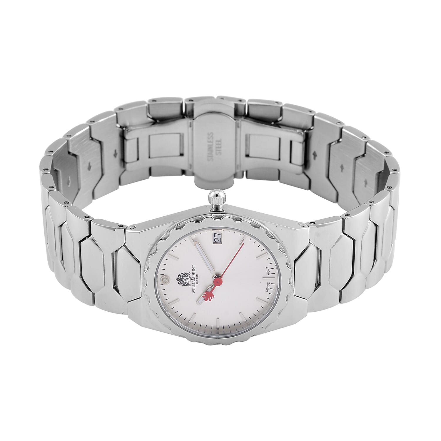 William Hunt Swiss Movement Diamond Studded Ladies Watch with White Dial and Silver and Silver Tone