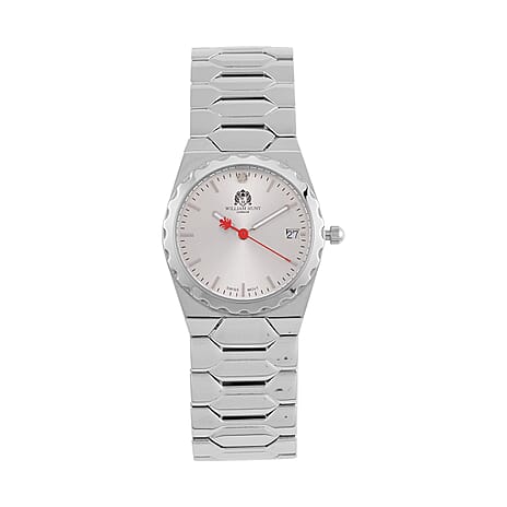 William Hunt Swiss Movement Diamond Studded Ladies Watch with White Dial and Silver and Silver Tone