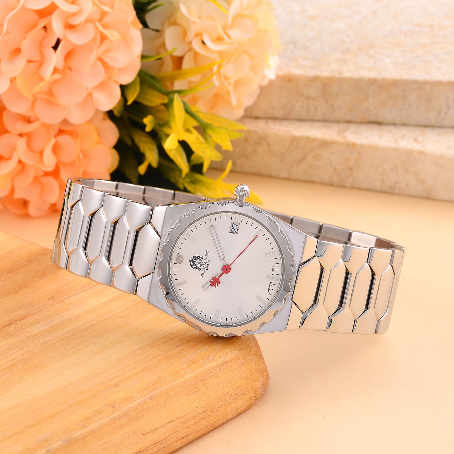 William Hunt Swiss Movement Diamond Studded Ladies Watch with White Dial and Silver and Silver Tone