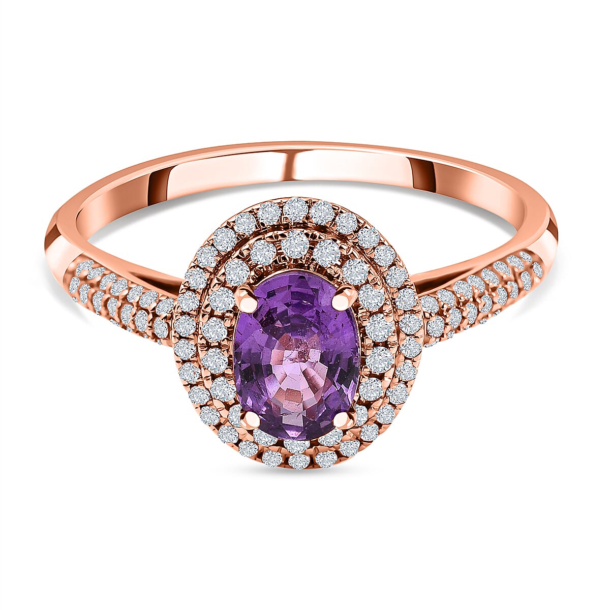 AGI Certified 18K Rose Gold AAA Purple Sapphire and Diamond (SI-G-H) Ring 1.40 Ct