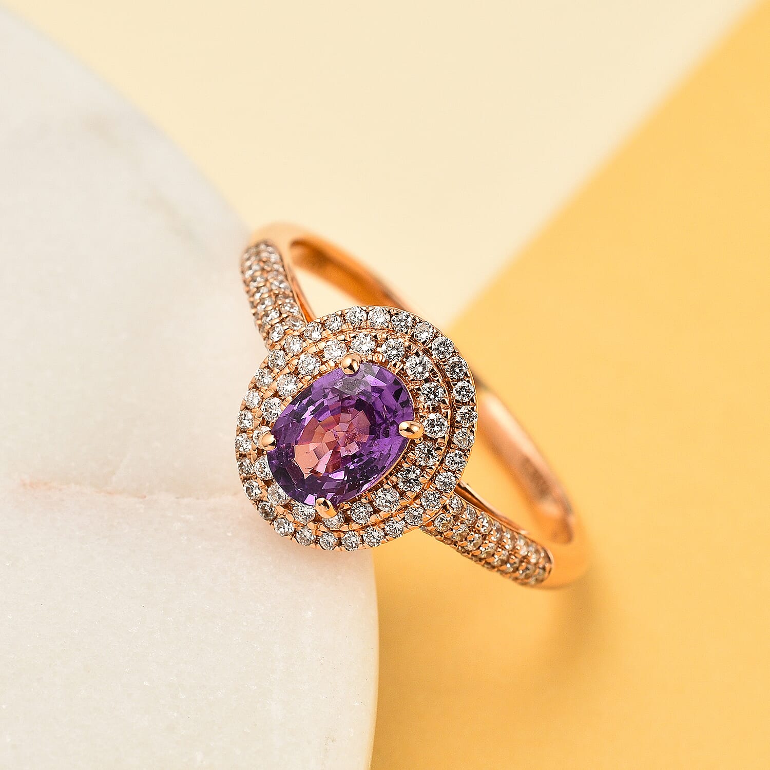 AGI Certified 18K Rose Gold AAA Purple Sapphire and Diamond (SI-G-H) Ring 1.40 Ct