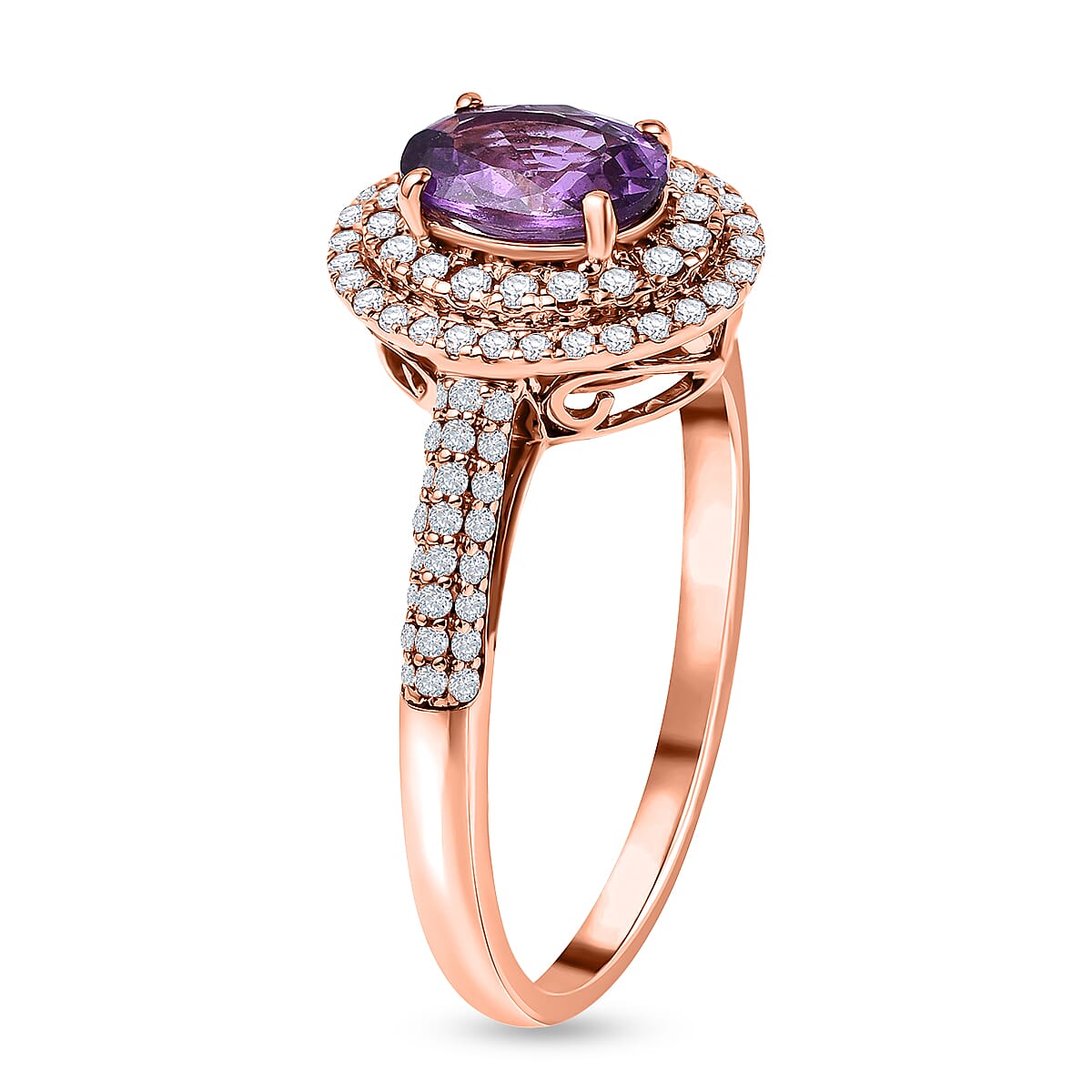 AGI Certified 18K Rose Gold AAA Purple Sapphire and Diamond (SI-G-H) Ring 1.40 Ct