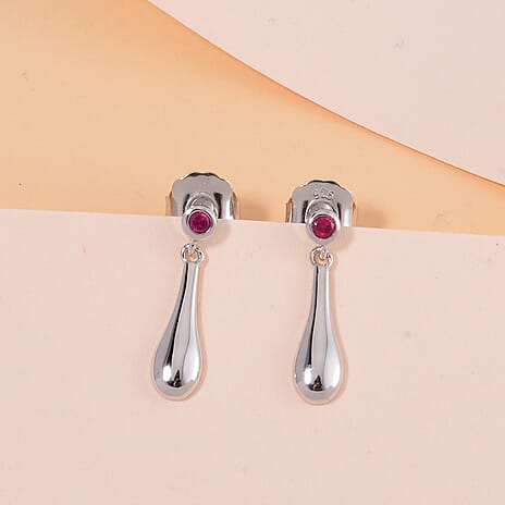 LUCY Q - Drop Collection Fissure Filled Ruby Earring with Push Back in Rhodium Overlay Sterling Silver 0.70 Ct.