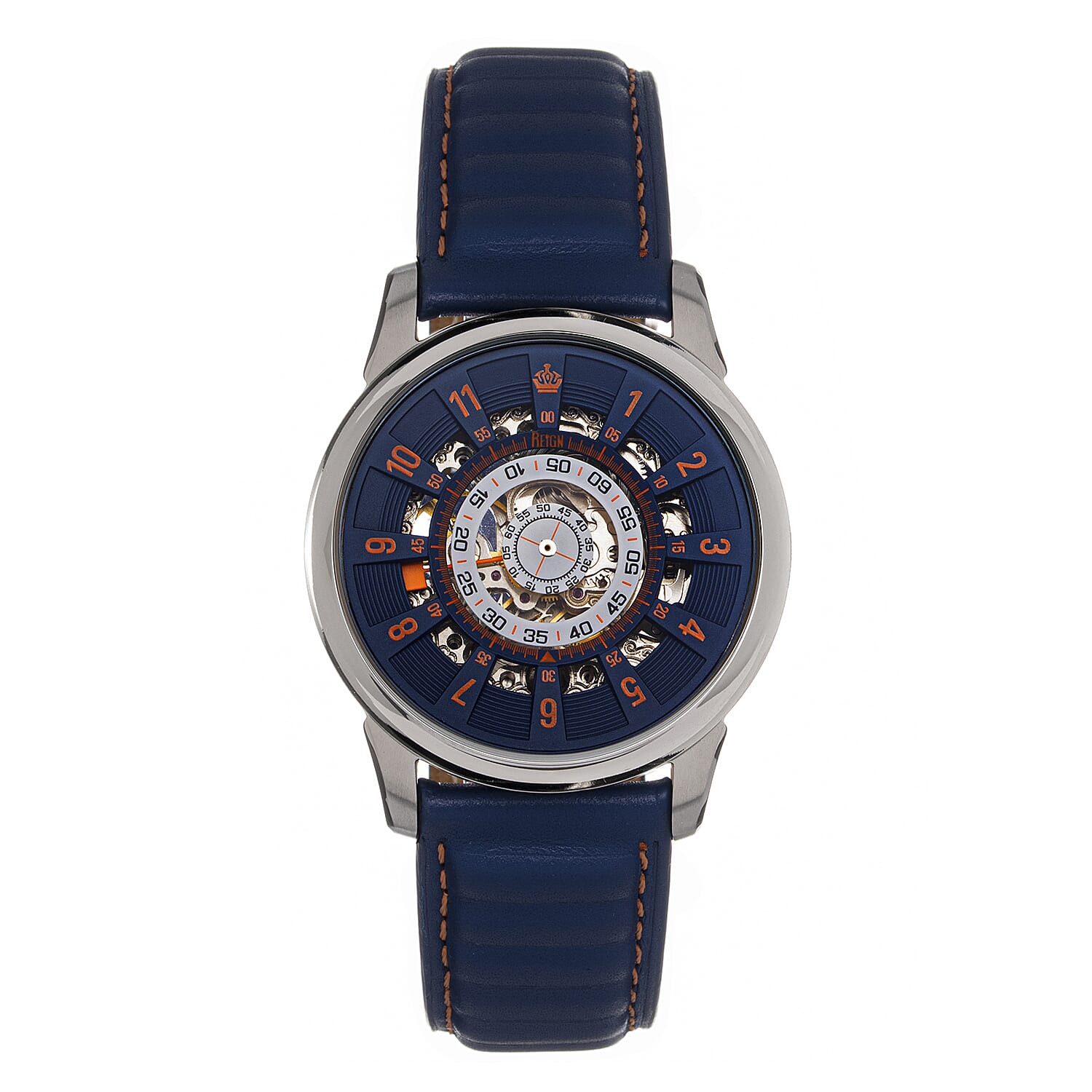 Reign Monterey Jewels Automatic Movement Sapphire-Coated Mineral Crystal Semi-Skeleton Blue Dial 10 ATM Water Resistance Watch With Blue Genuine Leather Strap