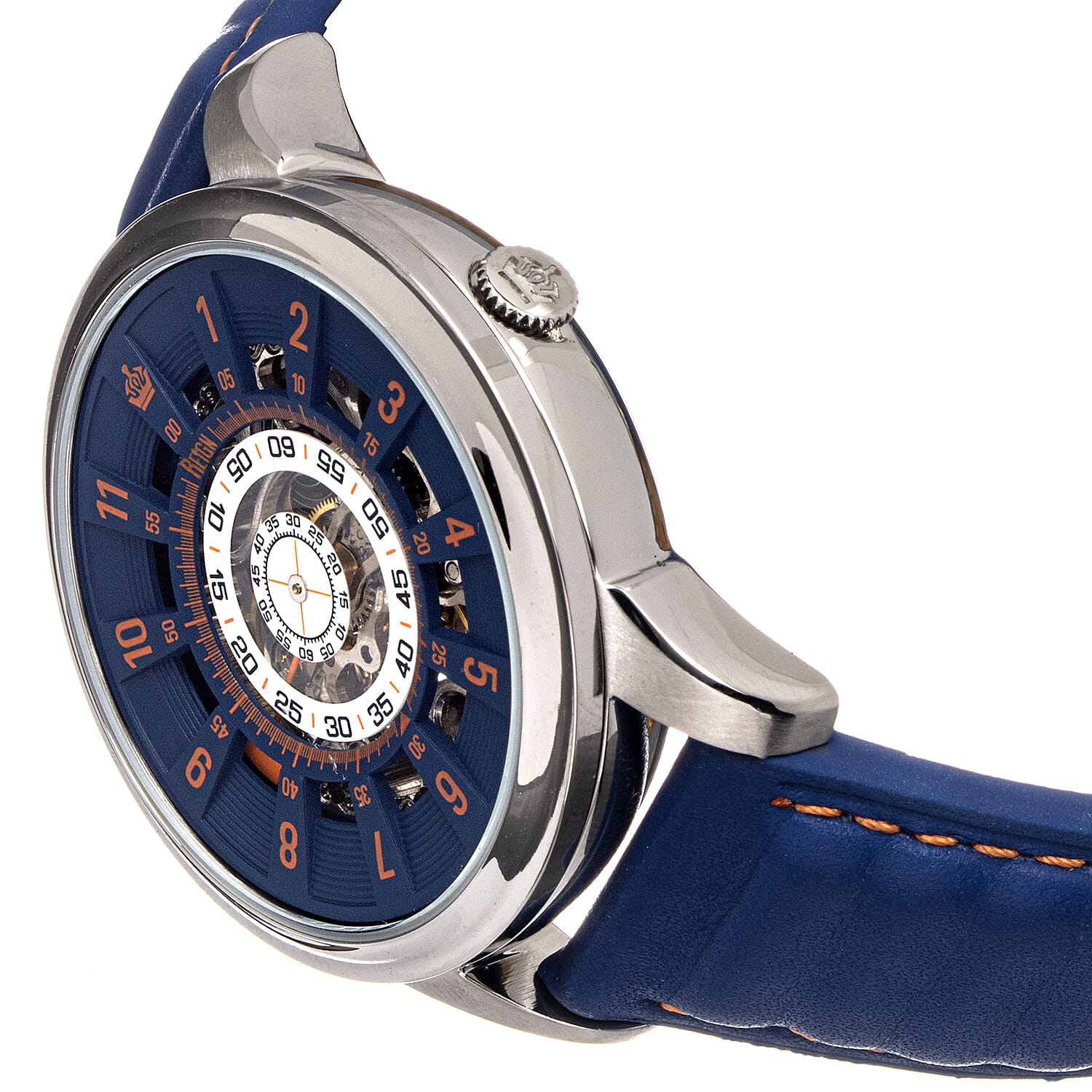 Reign Monterey Jewels Automatic Movement Sapphire-Coated Mineral Crystal Semi-Skeleton Blue Dial 10 ATM Water Resistance Watch With Blue Genuine Leather Strap