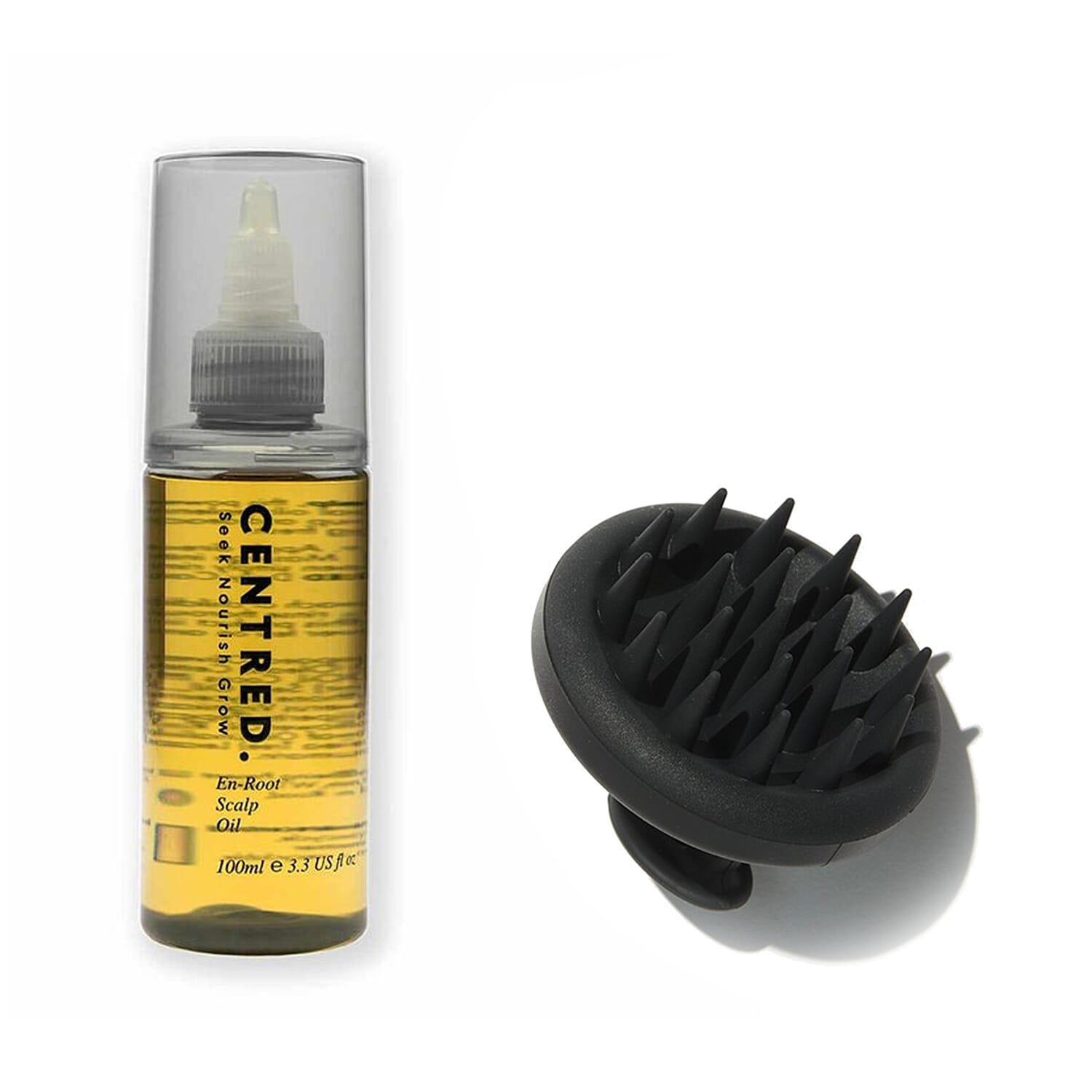 Centred En Root Scalp Oil 100ml, Squishy Black Head Massager & Wash Bag