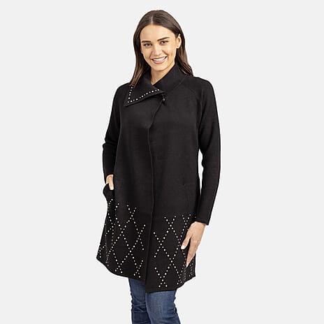 Mudflower Viscose Gold Studded Wrapover Cardigan (Size 10) - Black