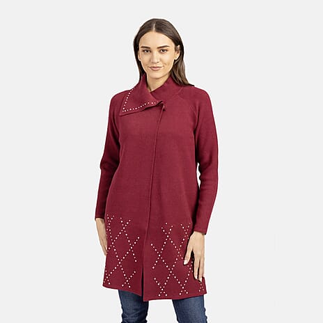 Mudflower Viscose Gold Studded Wrapover Cardigan (Size 14) - Burgundy