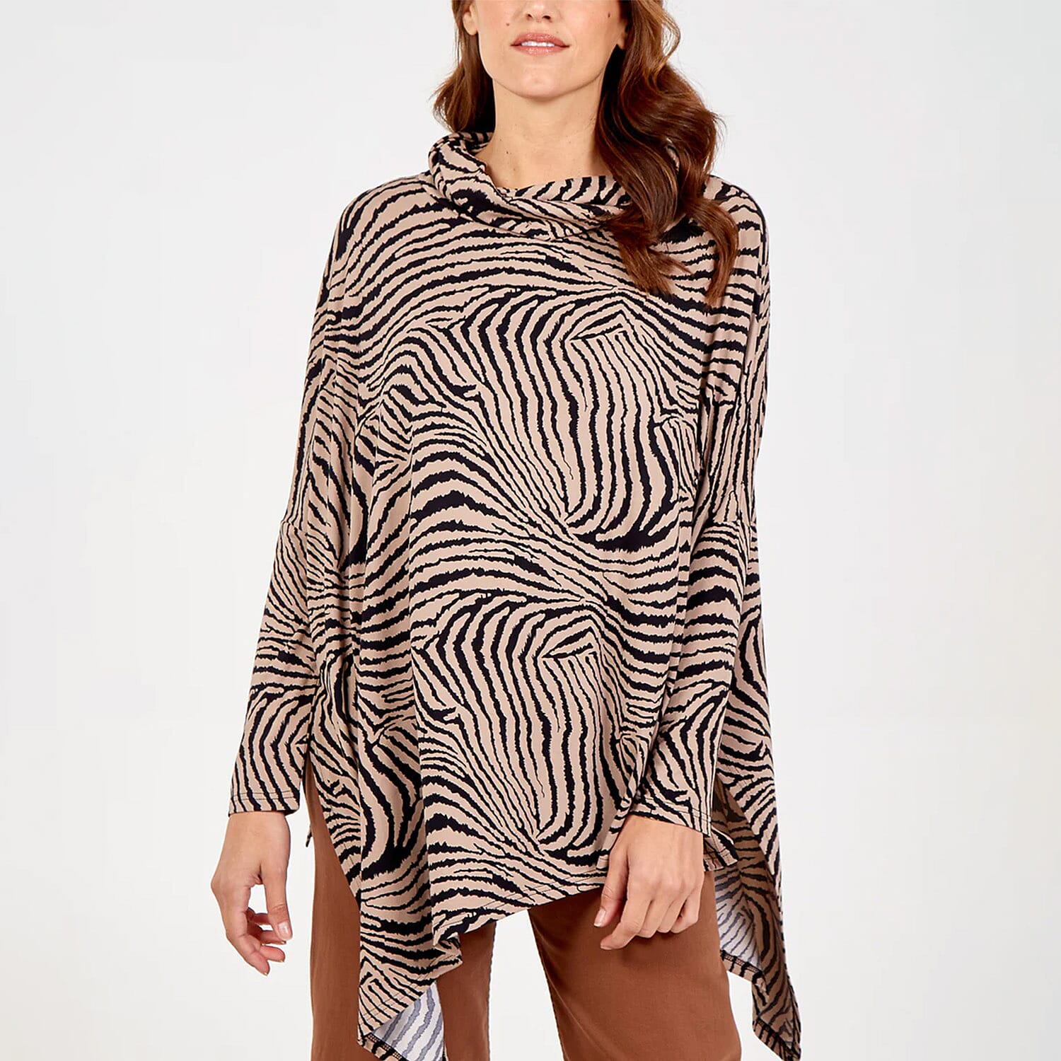 Nova of London - Abstract Zebra Pattern Oversized Cowl Neck Top(Size S-M) - Stone