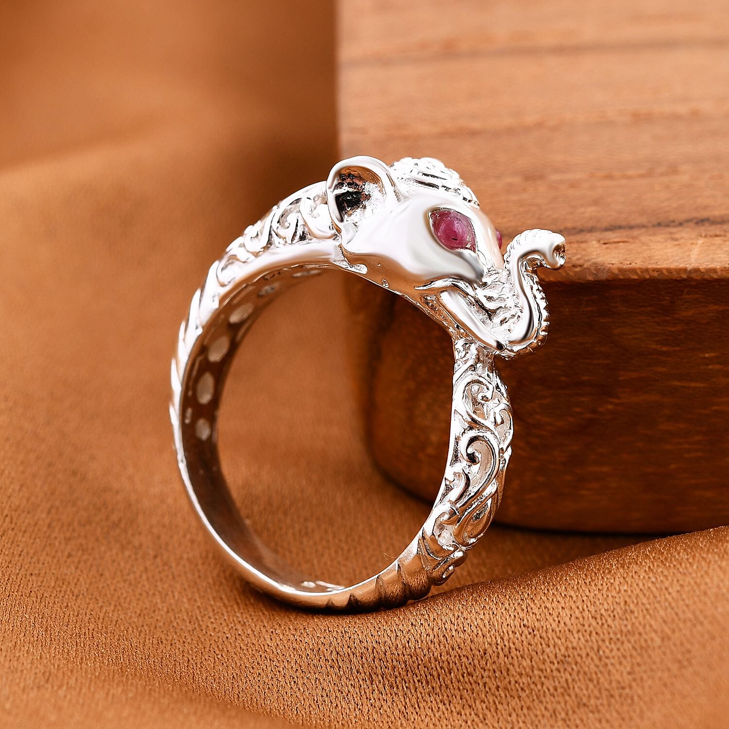 Royal Bali Collection - African Ruby Elephant Ring in Sterling Silver, Silver Wt. 5.10 GM
