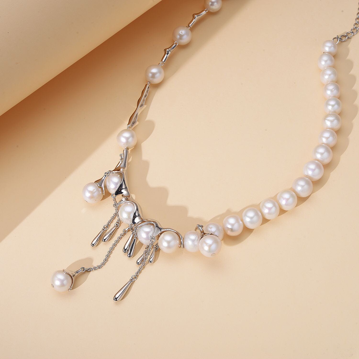 LUCY Q Mega Superfind - Pearl Drop Collection- Designer  White Edison Pearl Necklace (Size - 20) in Rhodium Overlay Sterling Silver 42.00 Ct, Silver Wt. 28.00 Gms.
