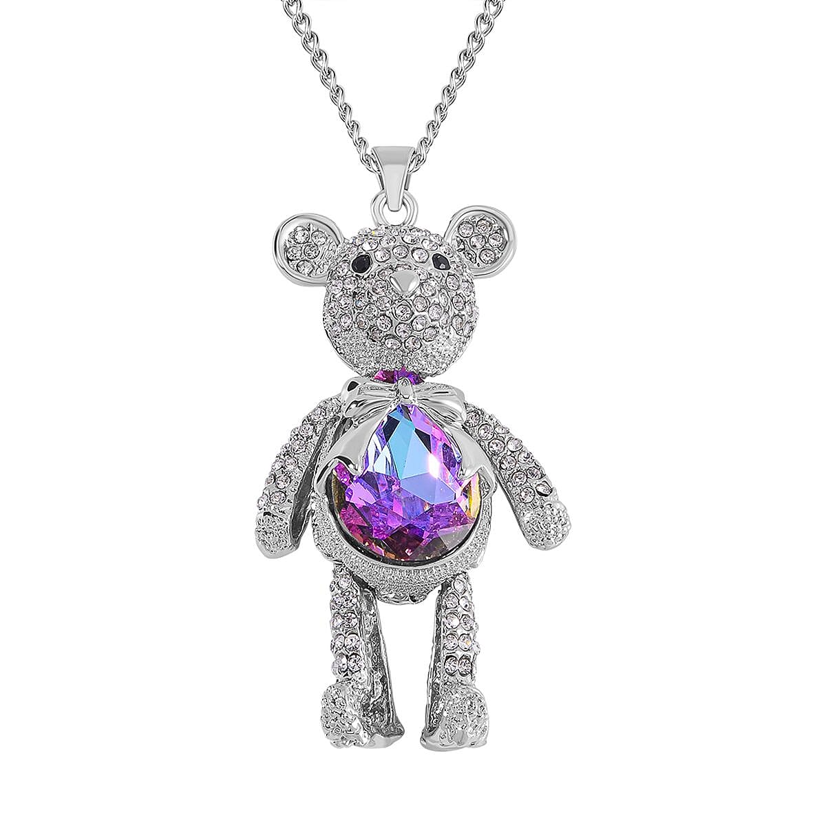  Purple, White and Black Austrian Crystal Teddy Bear Necklace with 24 Inch Chain