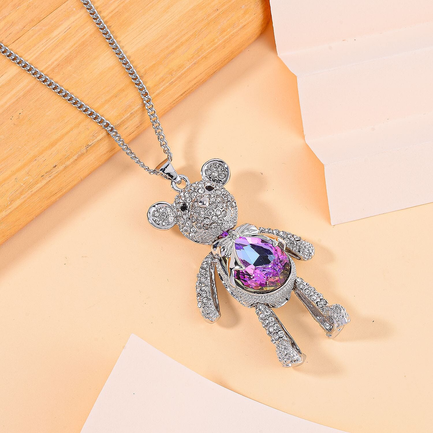  Purple, White and Black Austrian Crystal Teddy Bear Necklace with 24 Inch Chain