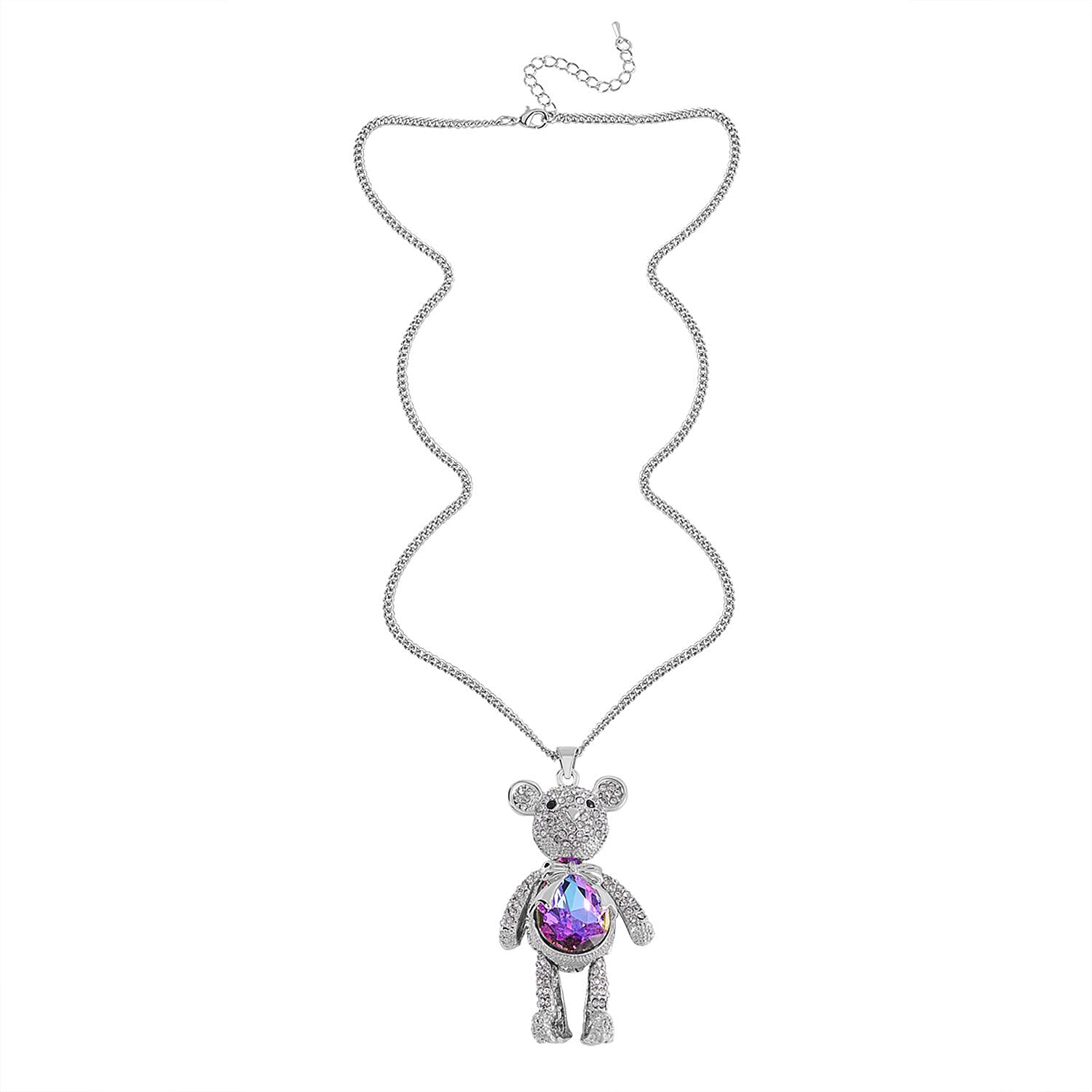  Purple, White and Black Austrian Crystal Teddy Bear Necklace with 24 Inch Chain