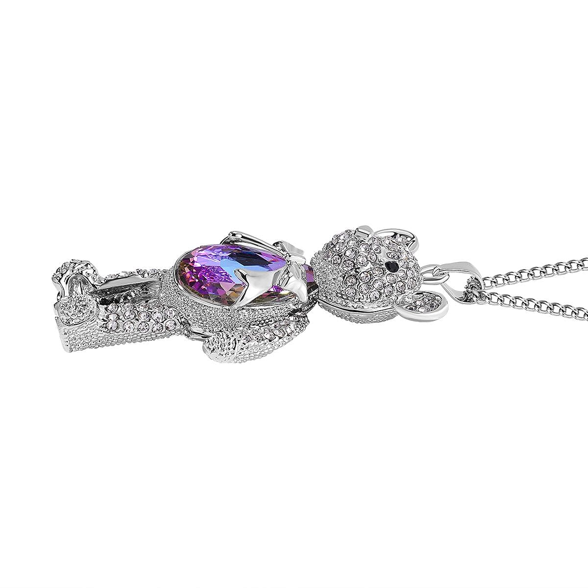  Purple, White and Black Austrian Crystal Teddy Bear Necklace with 24 Inch Chain