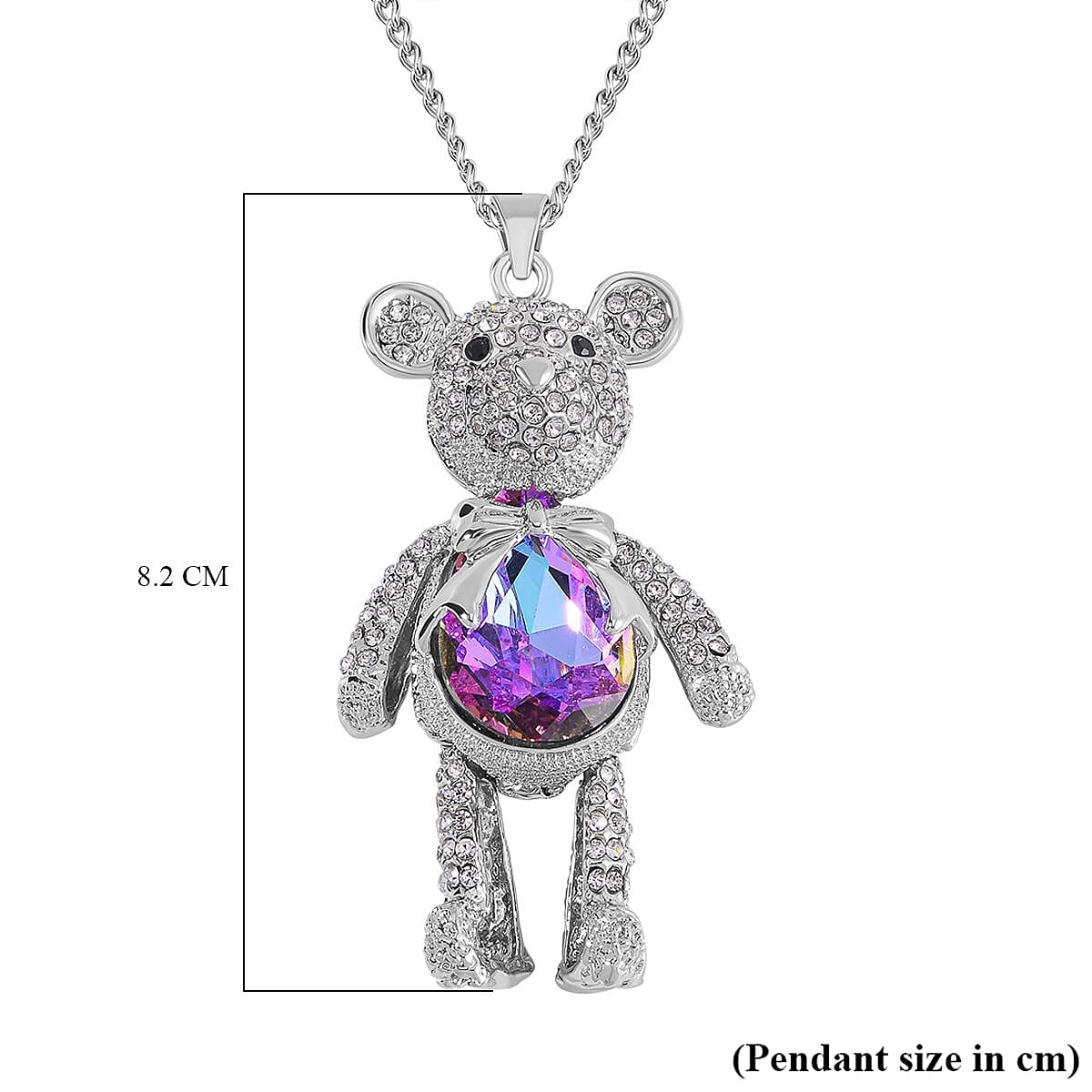  Purple, White and Black Austrian Crystal Teddy Bear Necklace with 24 Inch Chain