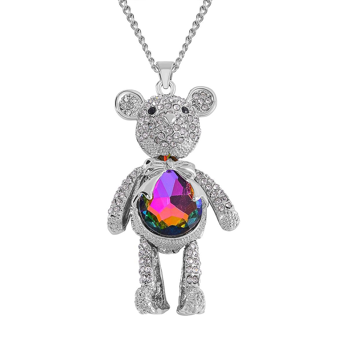 Mystic, White and Black Austrian Crystal Teddy Bear Necklace (Size 24) in SIlver Tone