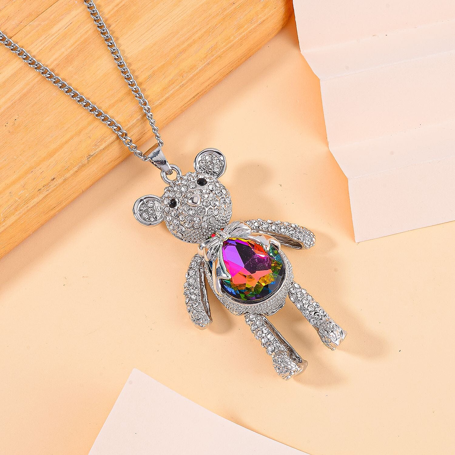 Mystic, White and Black Austrian Crystal Teddy Bear Necklace (Size 24) in SIlver Tone