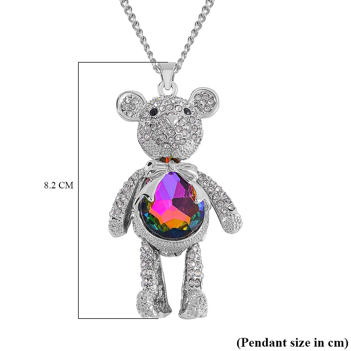 Mystic, White and Black Austrian Crystal Teddy Bear Necklace (Size 24) in SIlver Tone