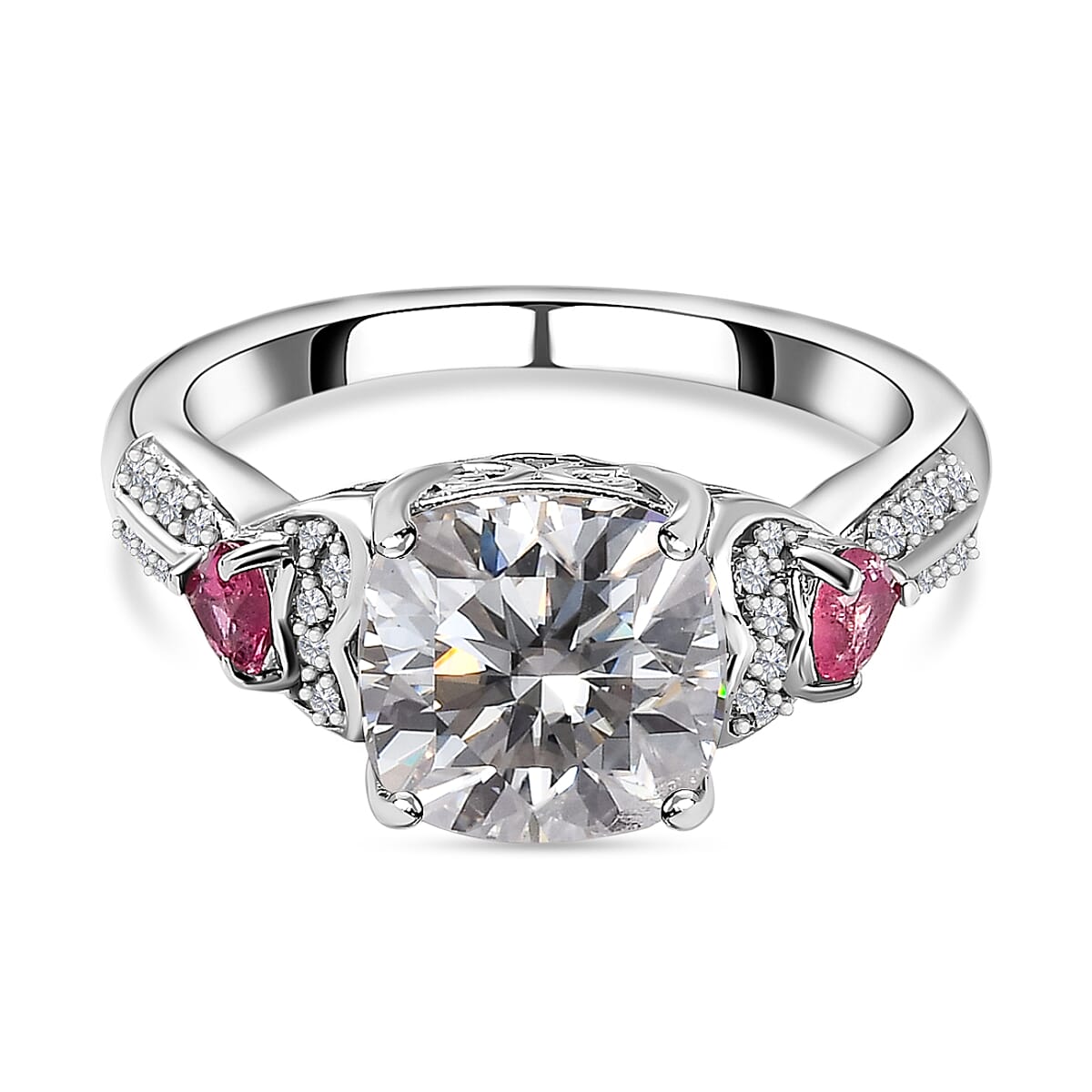 The Vintage - Moissanite, Pink Tourmaline & Natural Zircon Ring in Platinum Overlay Sterling Silver 3.07 Ct.