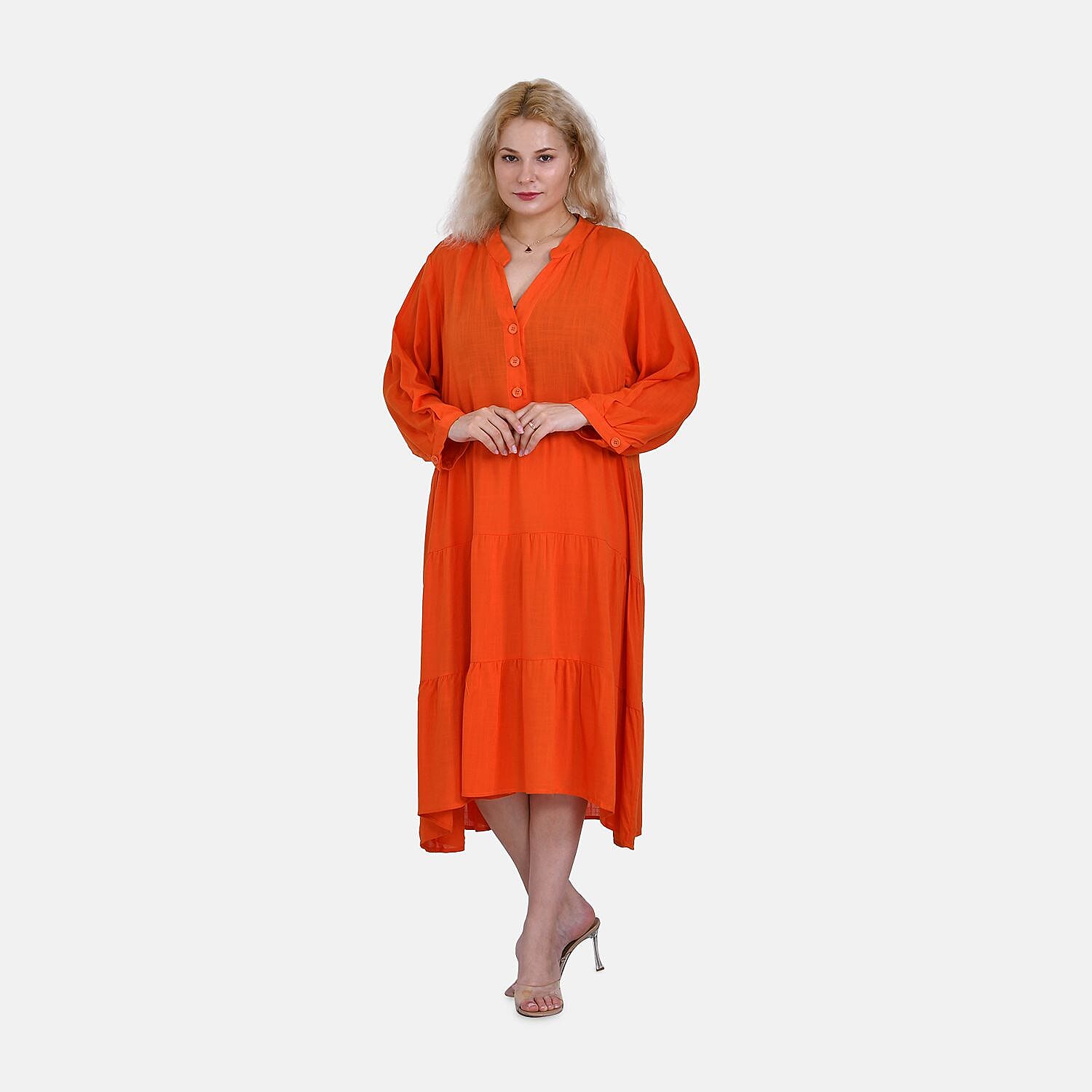 100% Bamboo Rayon Button Down Boho Tiered Dress (One Size) - Orange