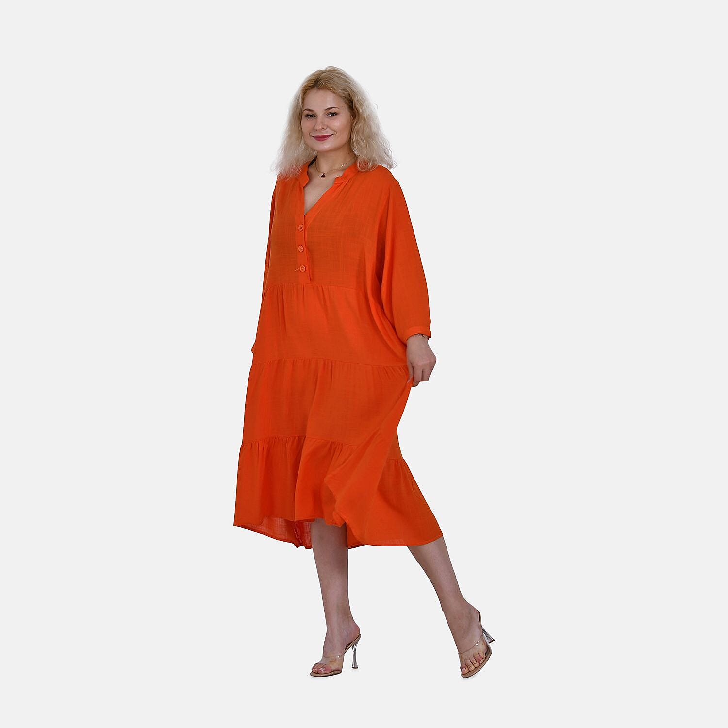 100% Bamboo Rayon Button Down Boho Tiered Dress (One Size) - Orange