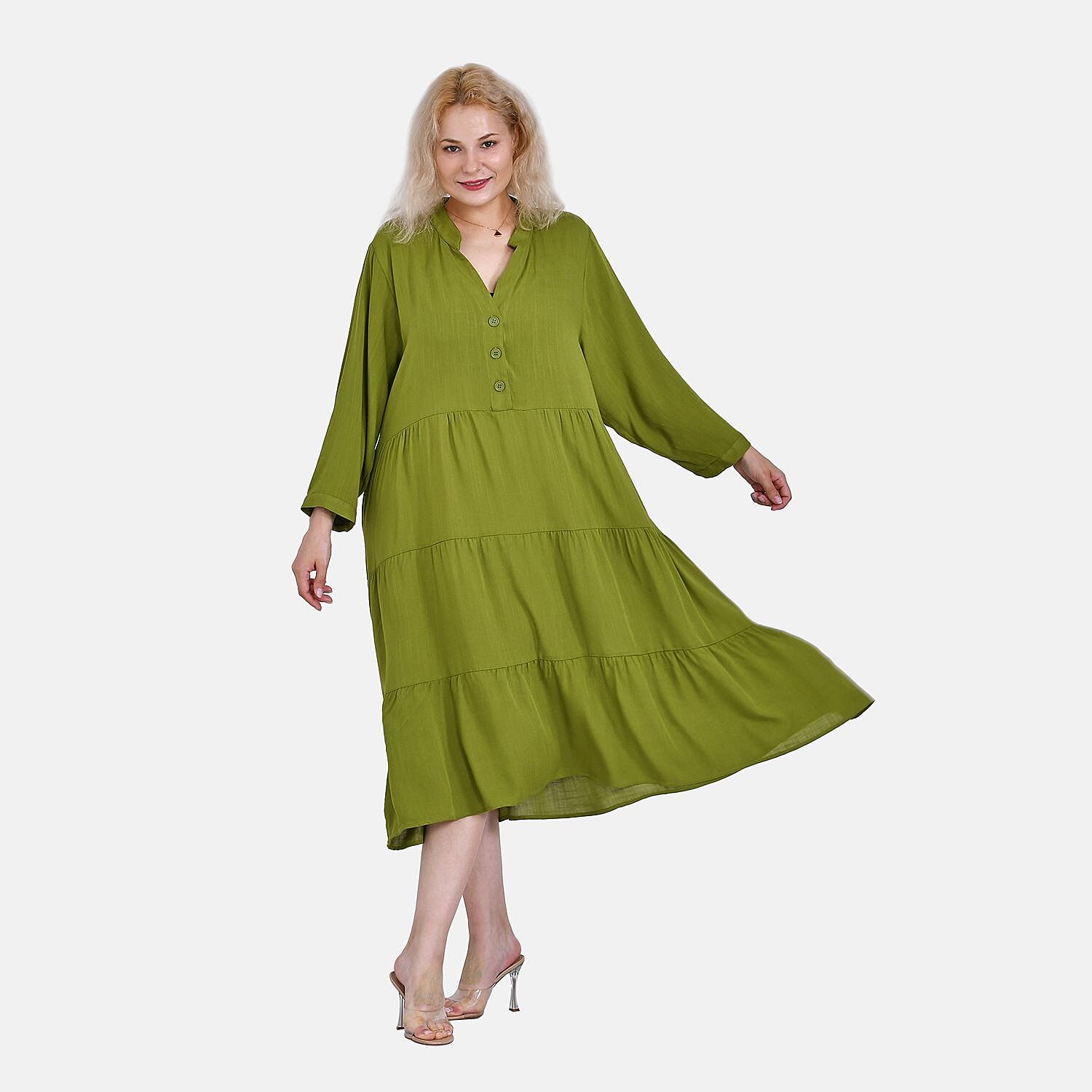 100% Bamboo Rayon Button Down Boho Tiered Dress (One Size) - Green