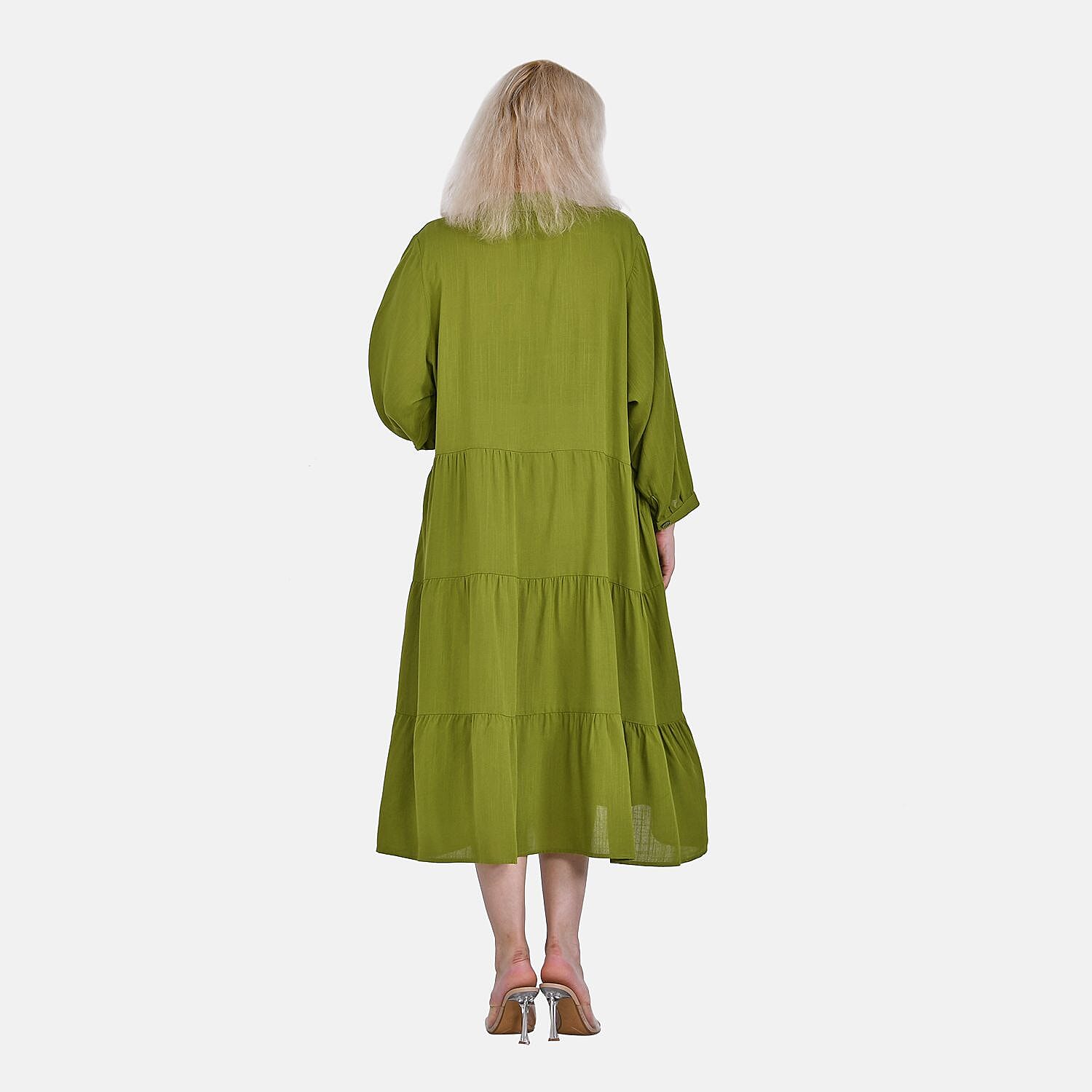 100% Bamboo Rayon Button Down Boho Tiered Dress (One Size) - Green