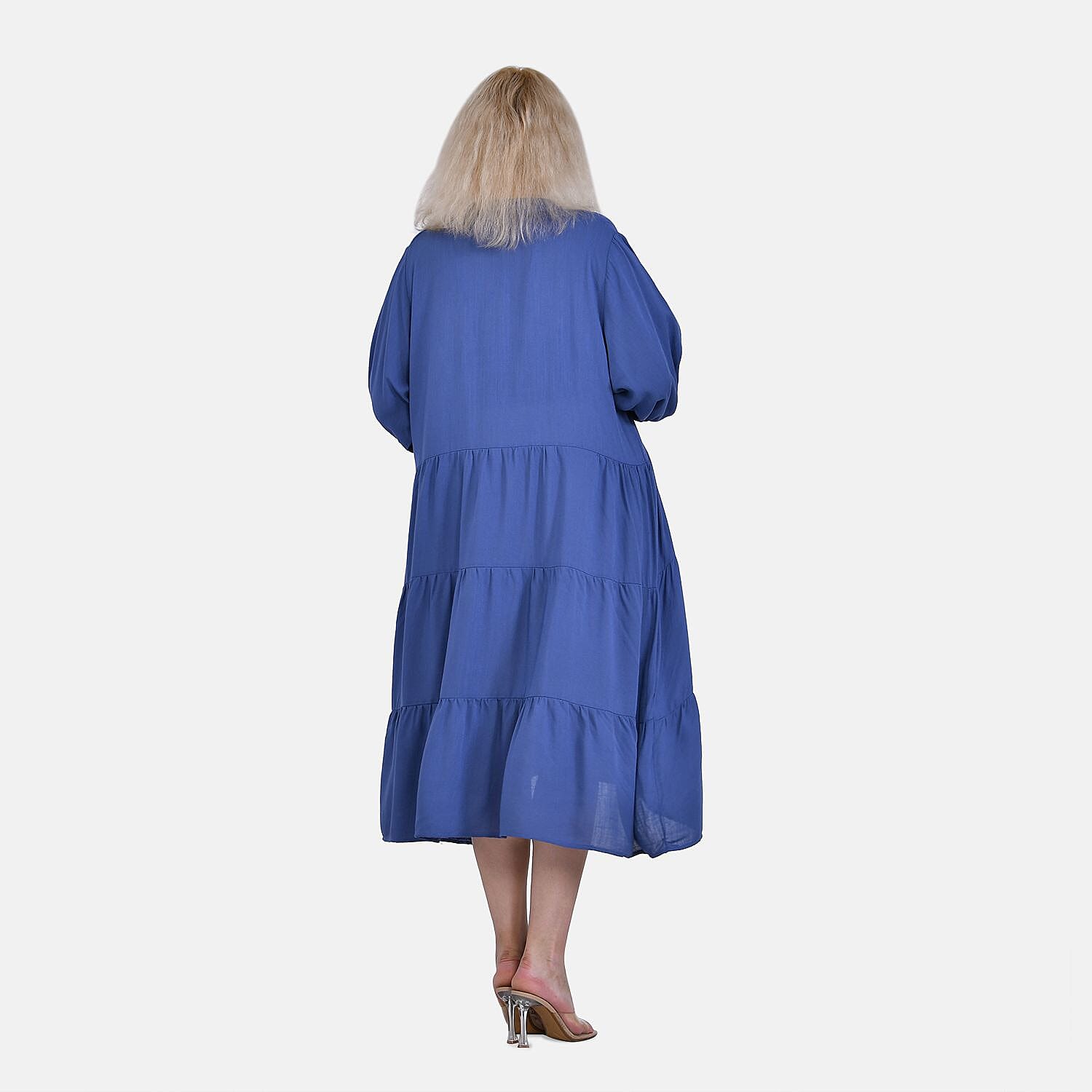 Button Down Boho Tiered Dress (One Size) - Blue