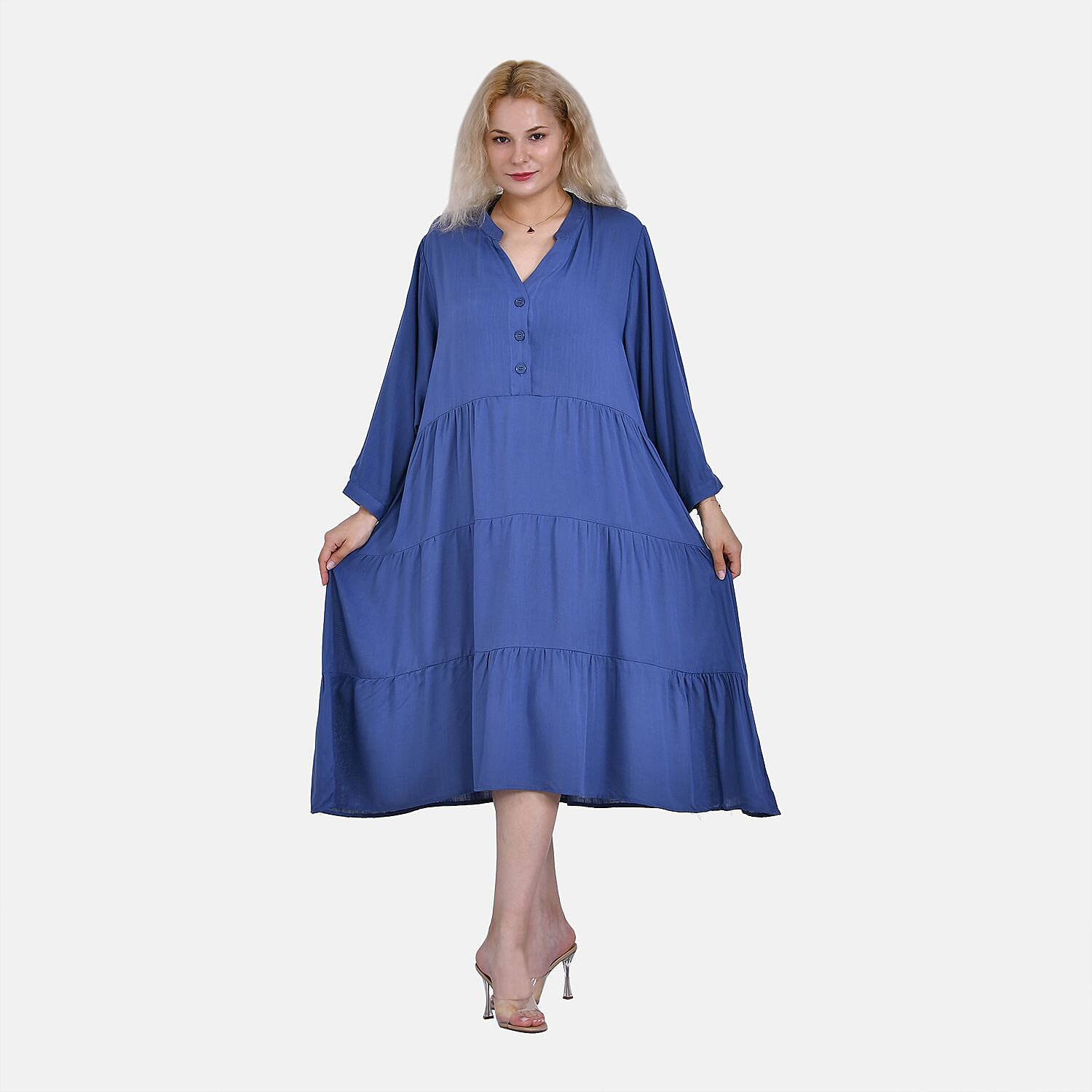 Button Down Boho Tiered Dress (One Size) - Blue
