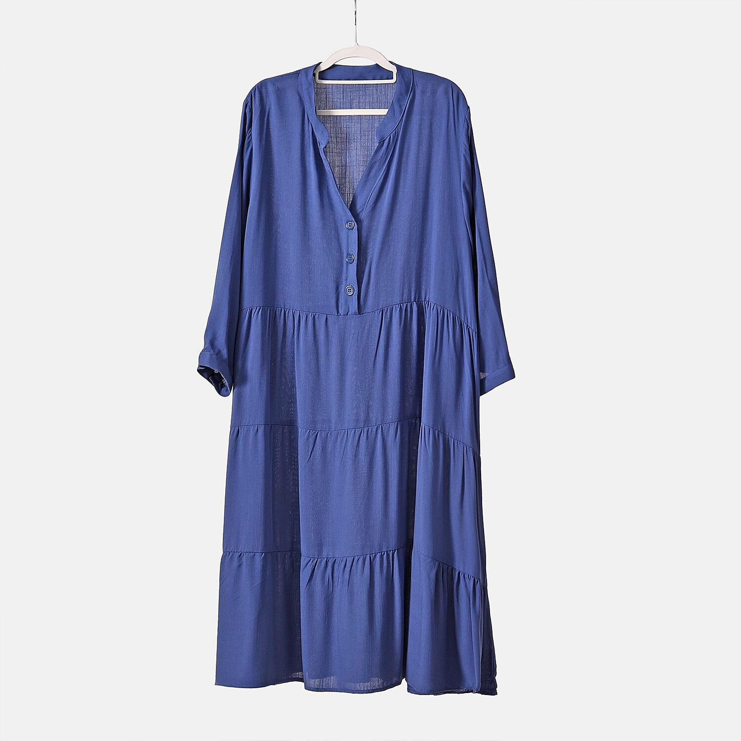 Button Down Boho Tiered Dress (One Size) - Blue