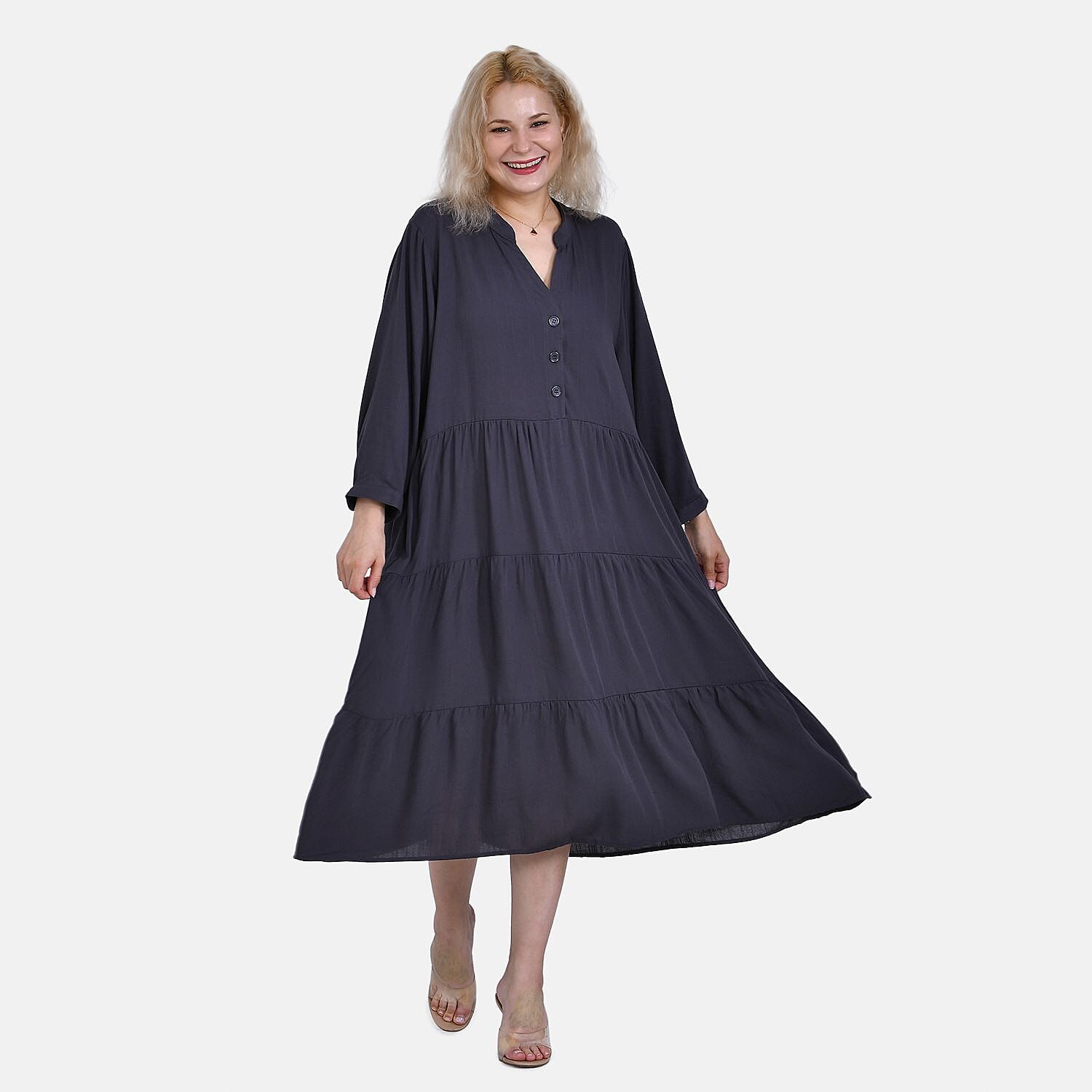 100% Bamboo Rayon Button Down Boho Tiered Dress (One Size) - Grey