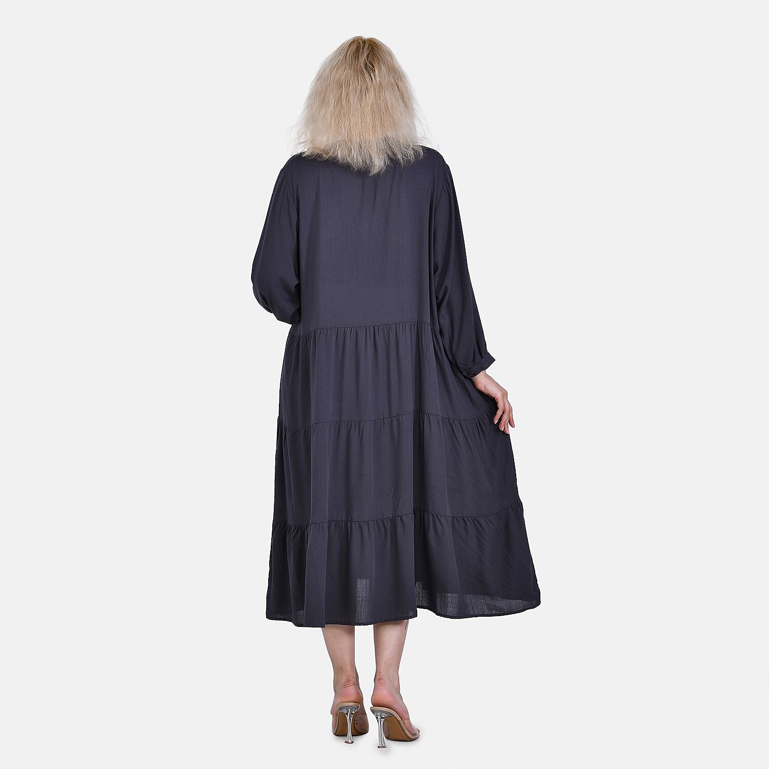 100% Bamboo Rayon Button Down Boho Tiered Dress (One Size) - Grey