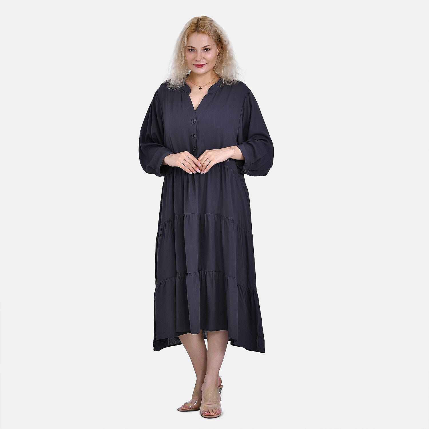 100% Bamboo Rayon Button Down Boho Tiered Dress (One Size) - Grey