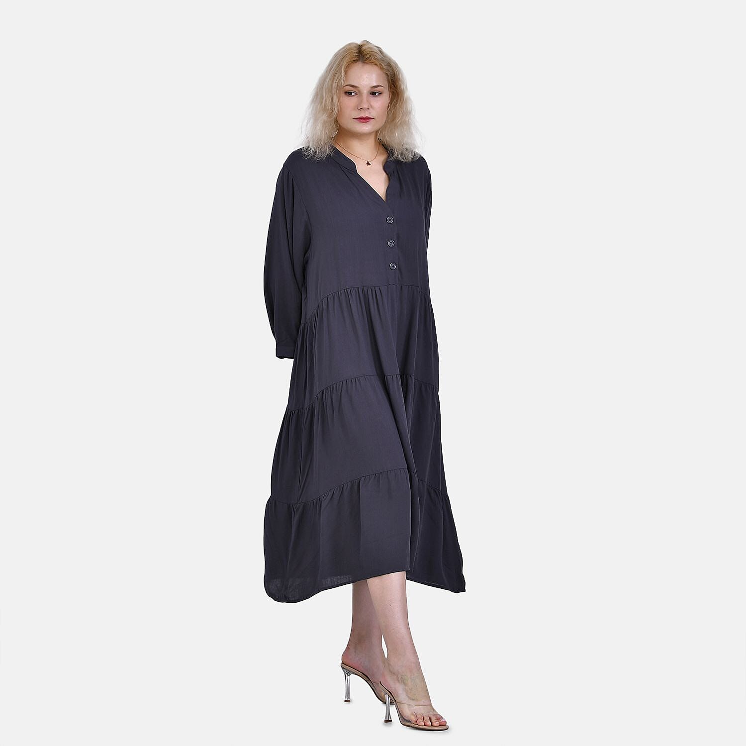 100% Bamboo Rayon Button Down Boho Tiered Dress (One Size) - Grey