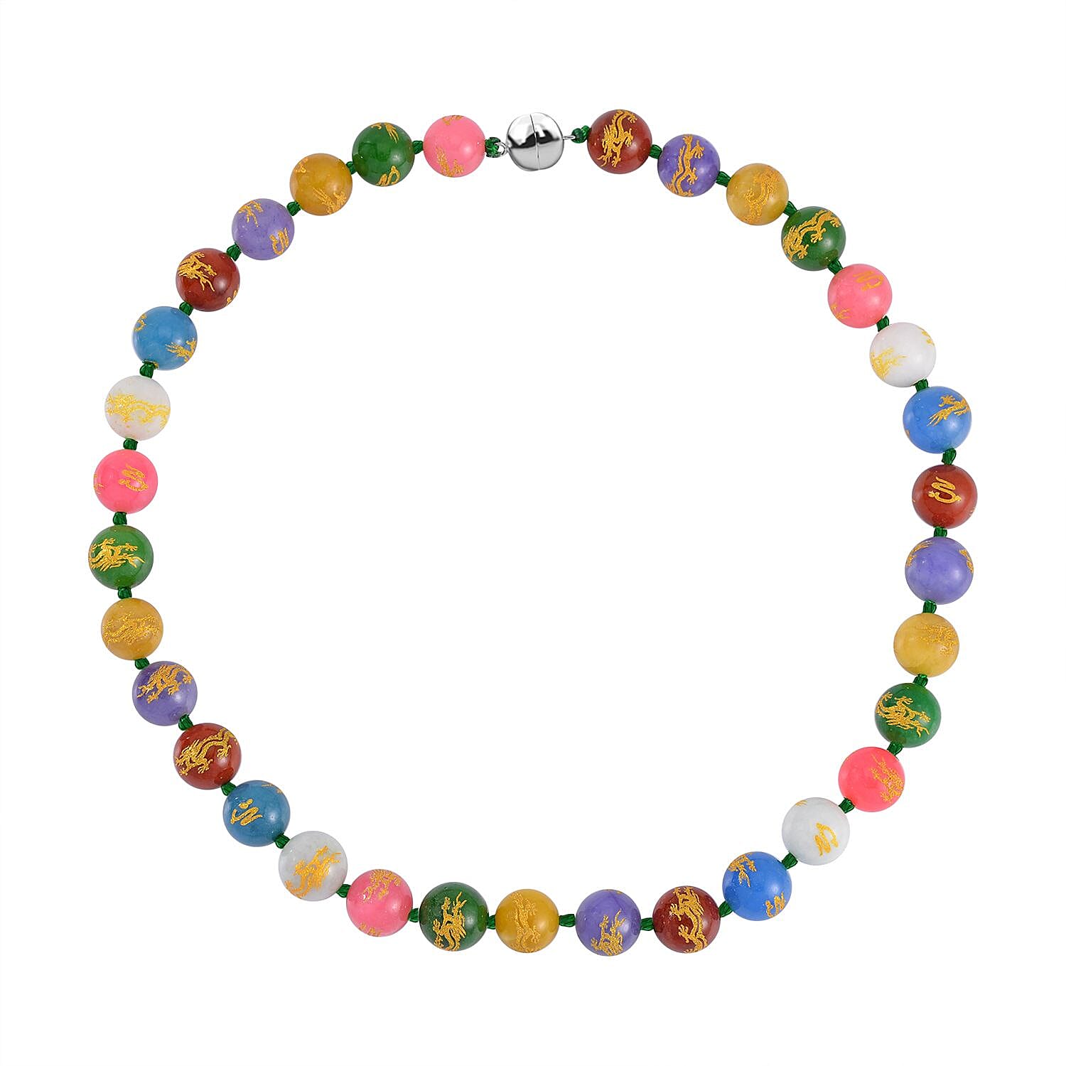 Multi Color Jadeite Jade Dragon Engraved Necklace (Size - 20) with Extender Magnetic Lock in Rhodium Overlay Sterling Silver 670.00 Ct.