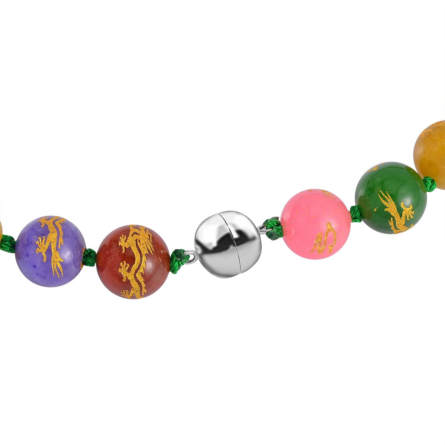 Multi Color Jadeite Jade Dragon Engraved Necklace (Size - 20) with Extender Magnetic Lock in Rhodium Overlay Sterling Silver 670.00 Ct.