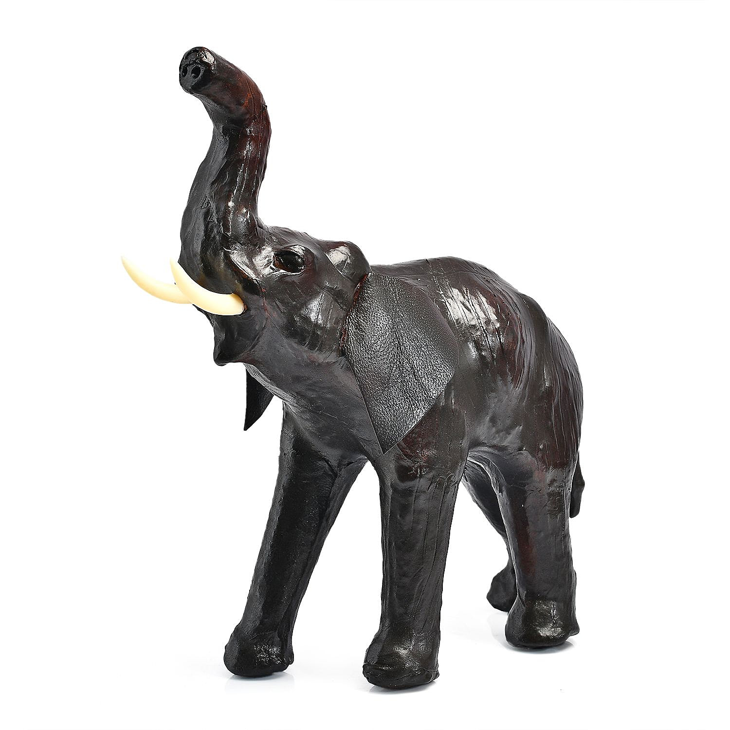 Handcrafted Pure Leather Trunk up Elephant Figurine (Size 33x33x10 cm) - Black