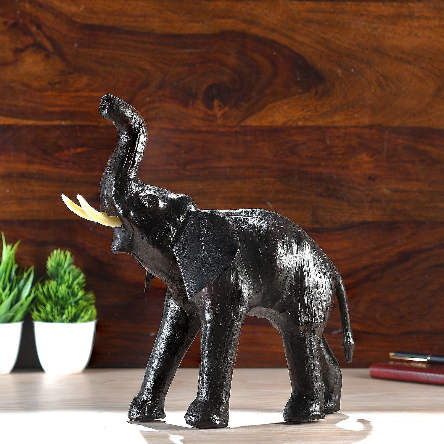 Handcrafted Pure Leather Trunk up Elephant Figurine (Size 33x33x10 cm) - Black