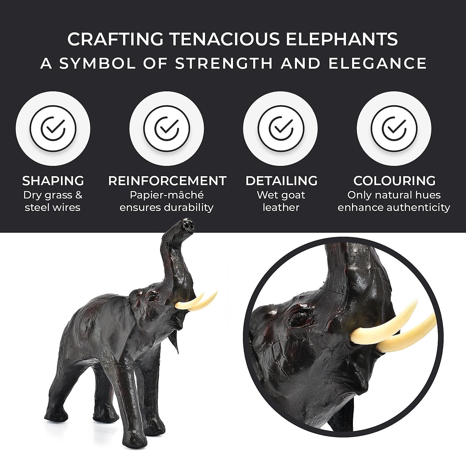 Handcrafted Pure Leather Trunk up Elephant Figurine (Size 33x33x10 cm) - Black