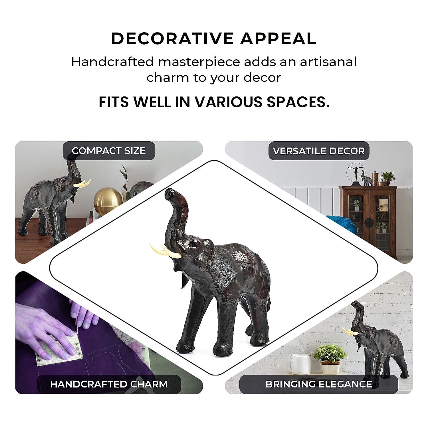 Handcrafted Pure Leather Trunk up Elephant Figurine (Size 33x33x10 cm) - Black