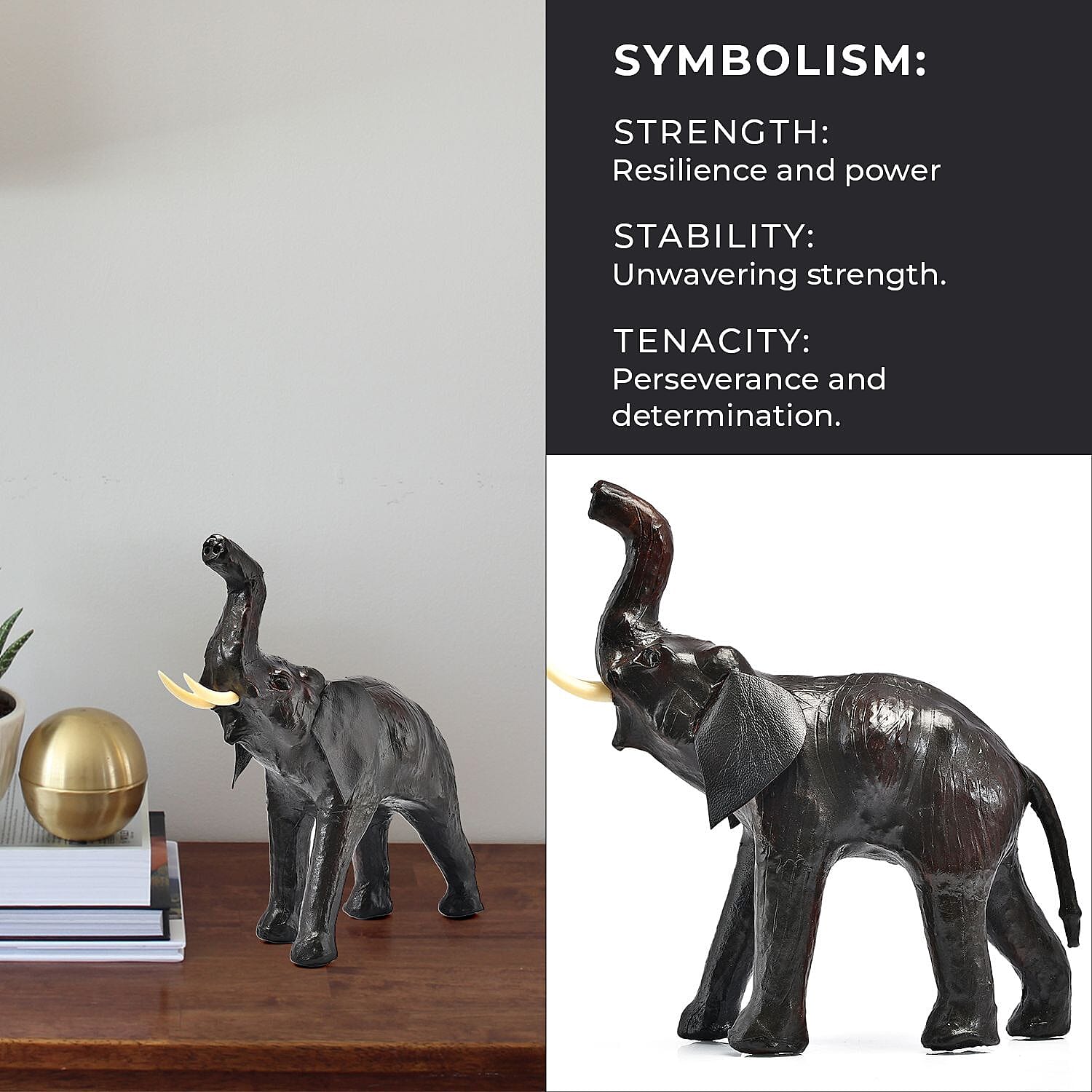 Handcrafted Pure Leather Trunk up Elephant Figurine (Size 33x33x10 cm) - Black