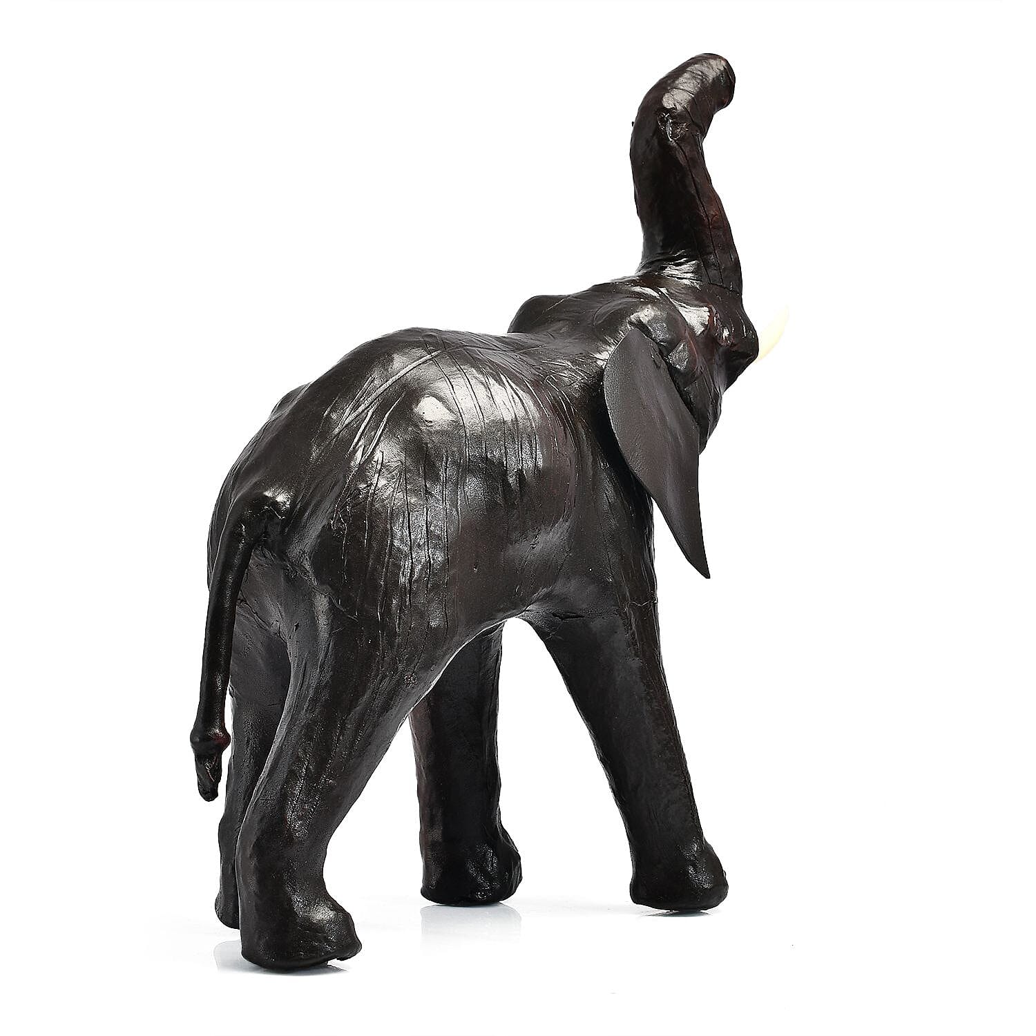 Handcrafted Pure Leather Trunk up Elephant Figurine (Size 33x33x10 cm) - Black