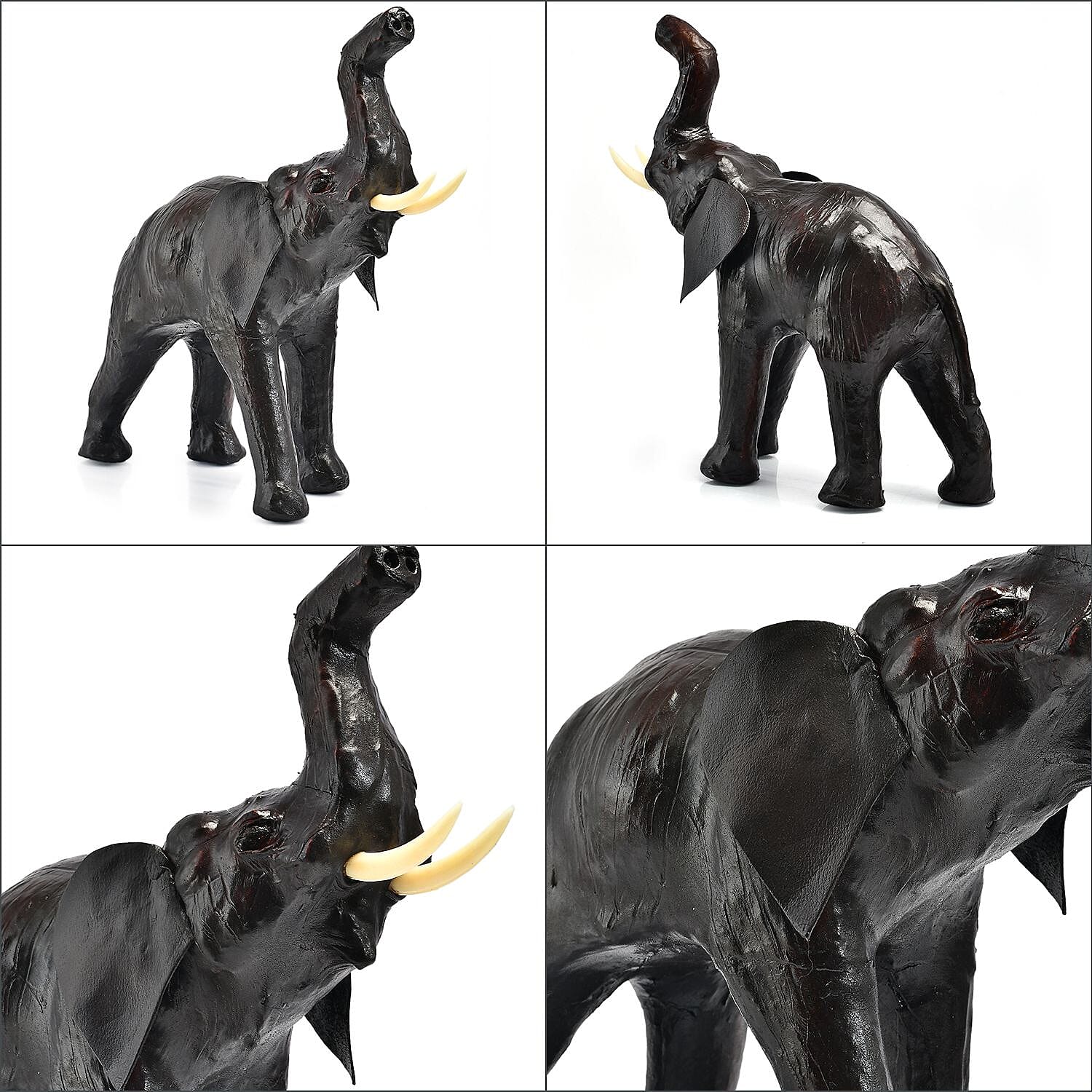 Handcrafted Pure Leather Trunk up Elephant Figurine (Size 33x33x10 cm) - Black